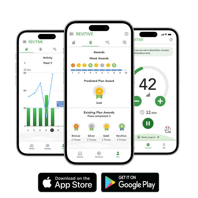  Image showing three different mobiles with different pages of the app showing and where to download, app store and google play