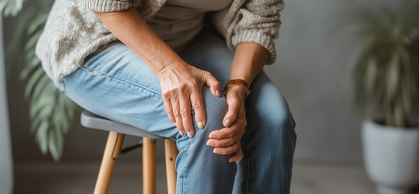 Lady with large electrode pads on her thighs, using Revitive