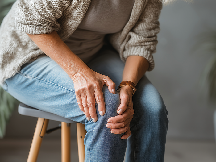 Lady with large electrode pads on her thighs, using Revitive