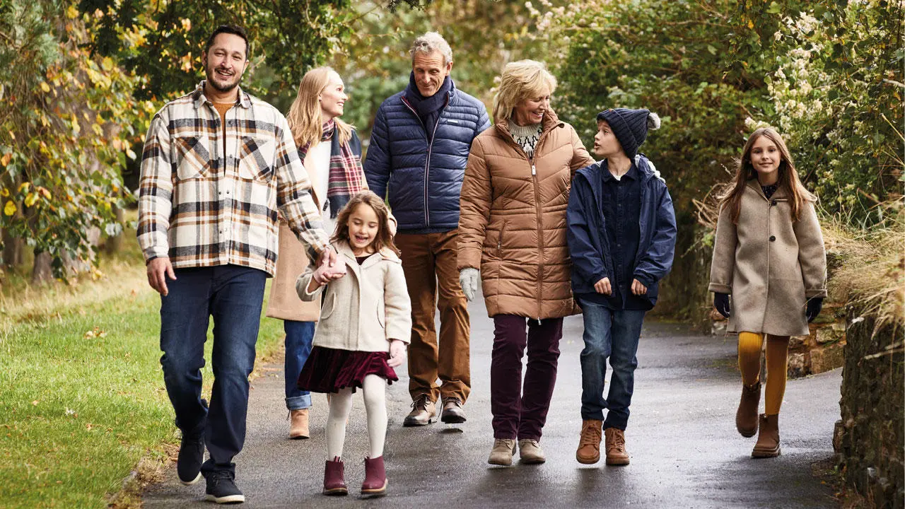 Family walking through a park during winter
