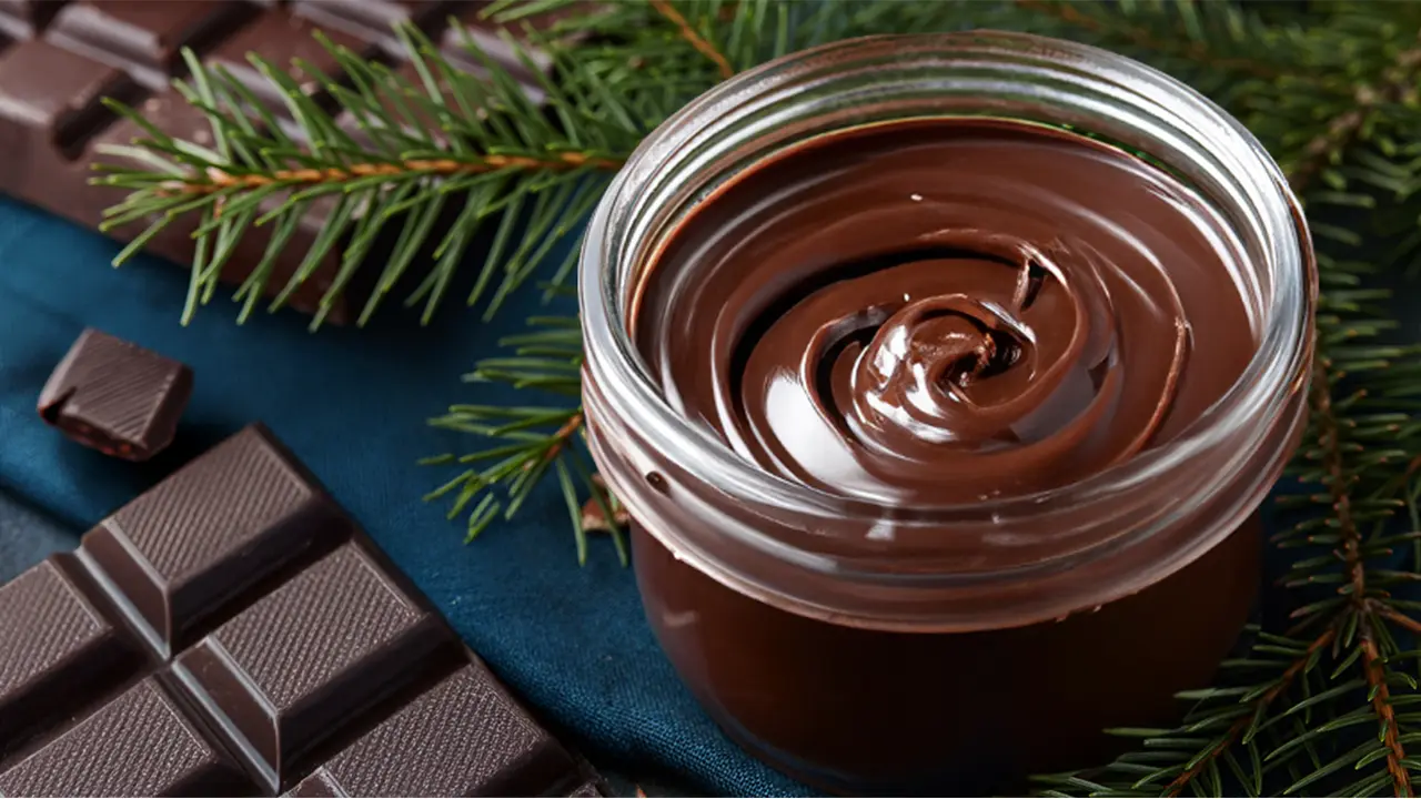 Pâte à tartiner et tablettes de chocolat noir avec des aiguilles de pin