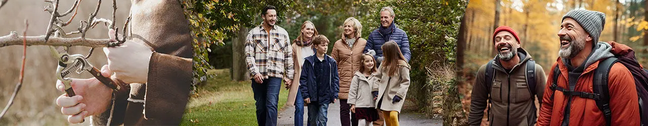 Three images of, Some one pruming tree branches, Family walking through a park during winter and two men outside in the woods hiking