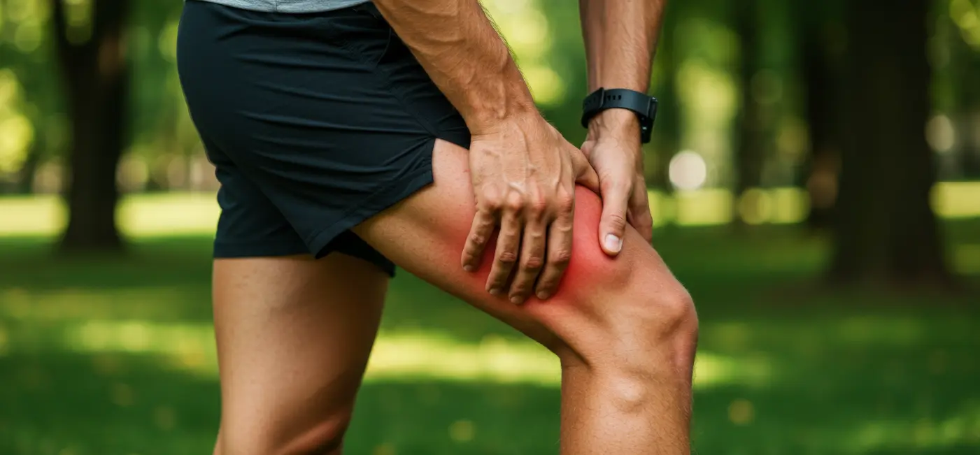Man outside holding leg in pain