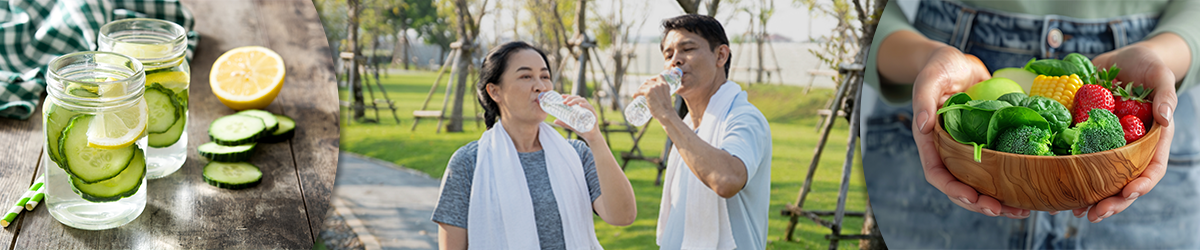 three images one of water with cucumber, another of a couple outside on a run, stoping to have a drink , last one with a bowl of hydrating foods