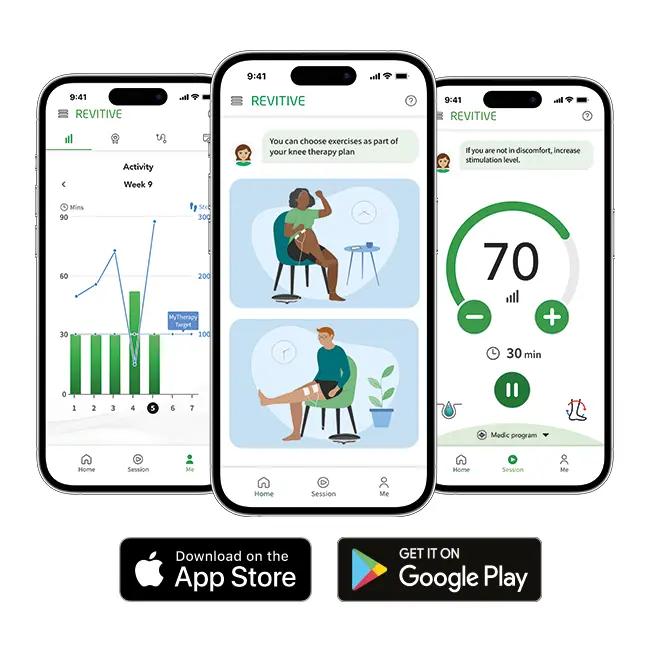 Three phones showing the app open on three different pages of the app