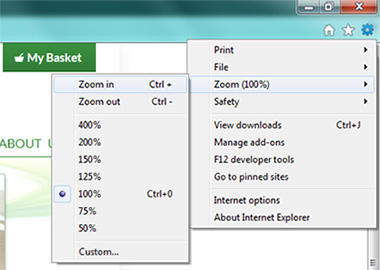 The Zoom menu in Internet Explorer