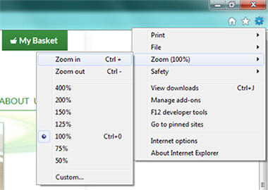 Le menu Zoom dans Internet Explorer