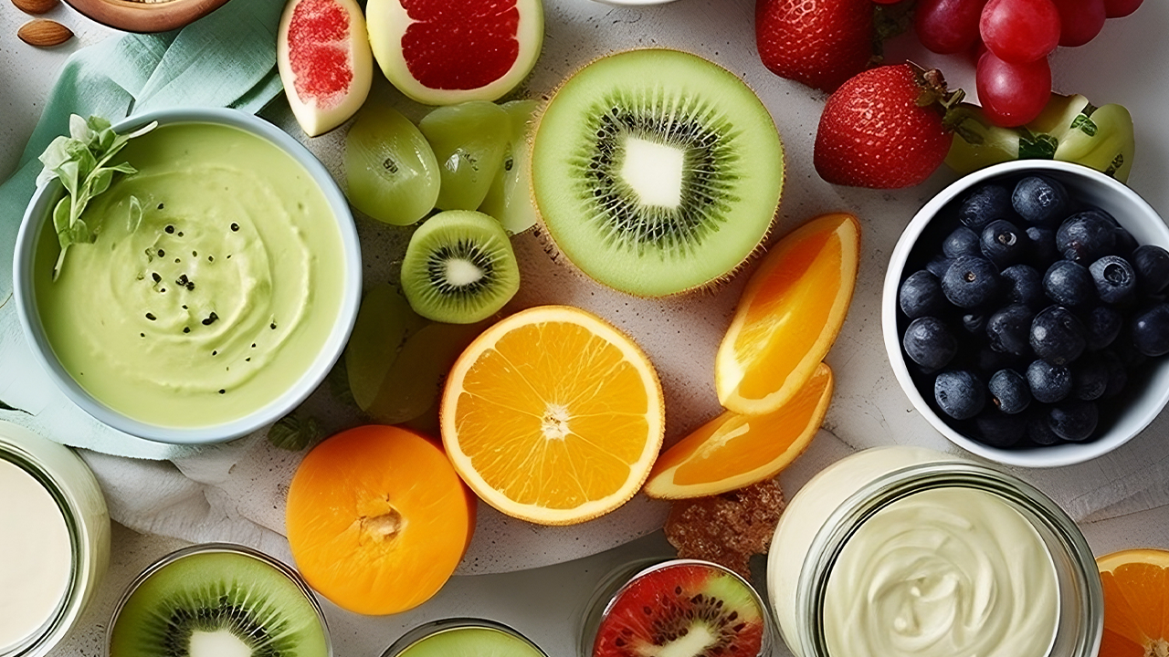 Image of a platter of fruit including kiwi, oranges, strawberries and blueberries 