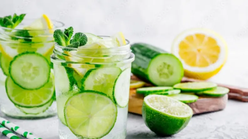 Image of to glasses of water with lemon, lime and cucumber in them 