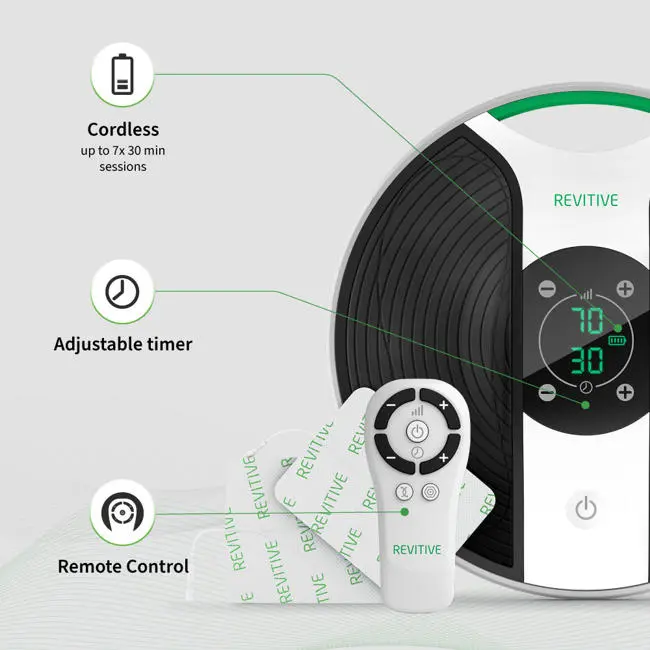 Image of medic knee showing benefits, cordless, adjustable timer and remote control