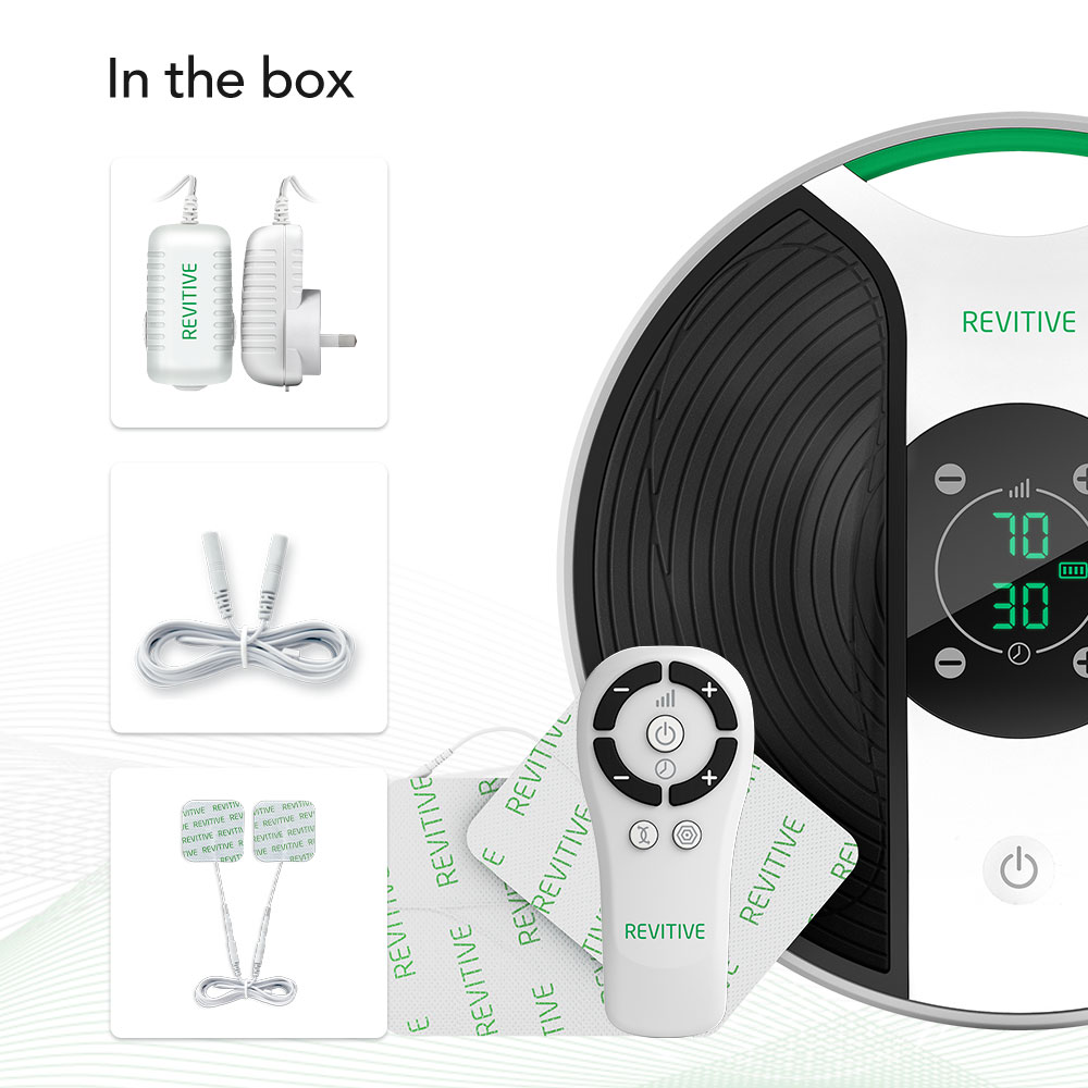 Medic knee whats in the box, image of medic knee with plug, remote , cable and pads