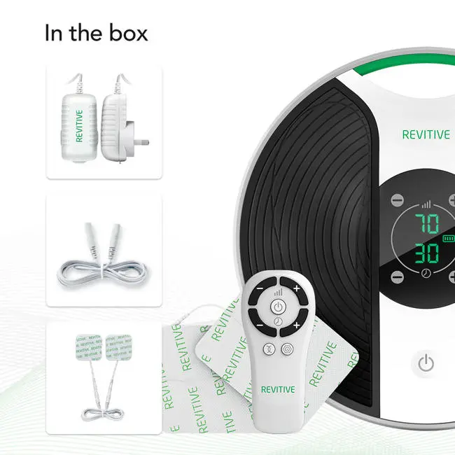 Medic knee whats in the box, image of medic knee with plug, remote , cable and pads