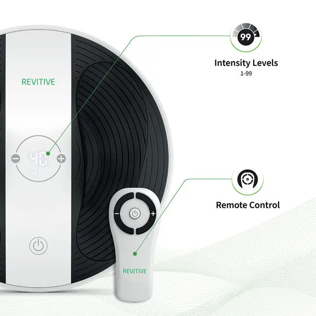  Image of prohealth with some annotations showing the remote to control the device and also here the intensity level is 